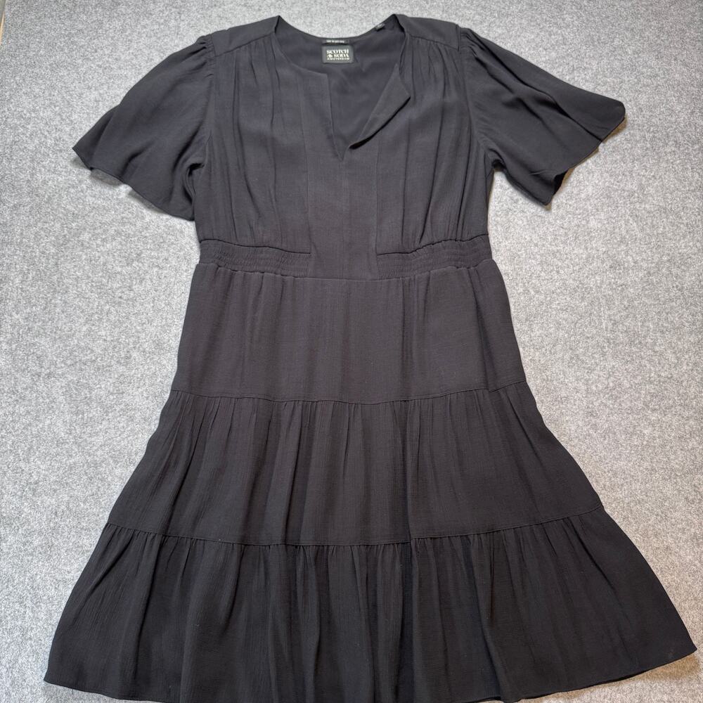 Scotch & Soda Womens XL Navy Tiered Dress Flutter Sleeve Smocked Waist Pockets